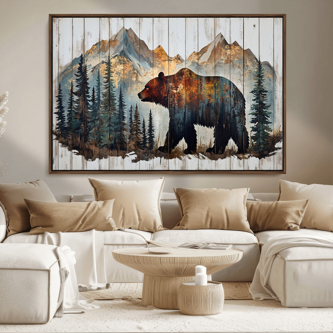 55777-MGV-FC-36X24_Walnut-Rustic Grizzly 399 Bear and Mountain Wood Canvas Wall Art - Framed Nature Artwork with Forest