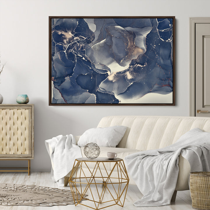 Large Abstract Blue and Gold Canvas Wall Art | Fluid Ink Artwork Print | Luxury Wall Decor for Contemporary Interiors | Framed Ready to Hang