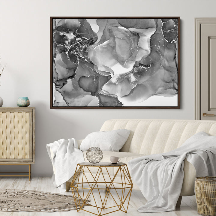 Black White Abstract Canvas Wall Art - Fluid Ink Artwork - Modern Luxury Wall Decor for Contemporary Interiors