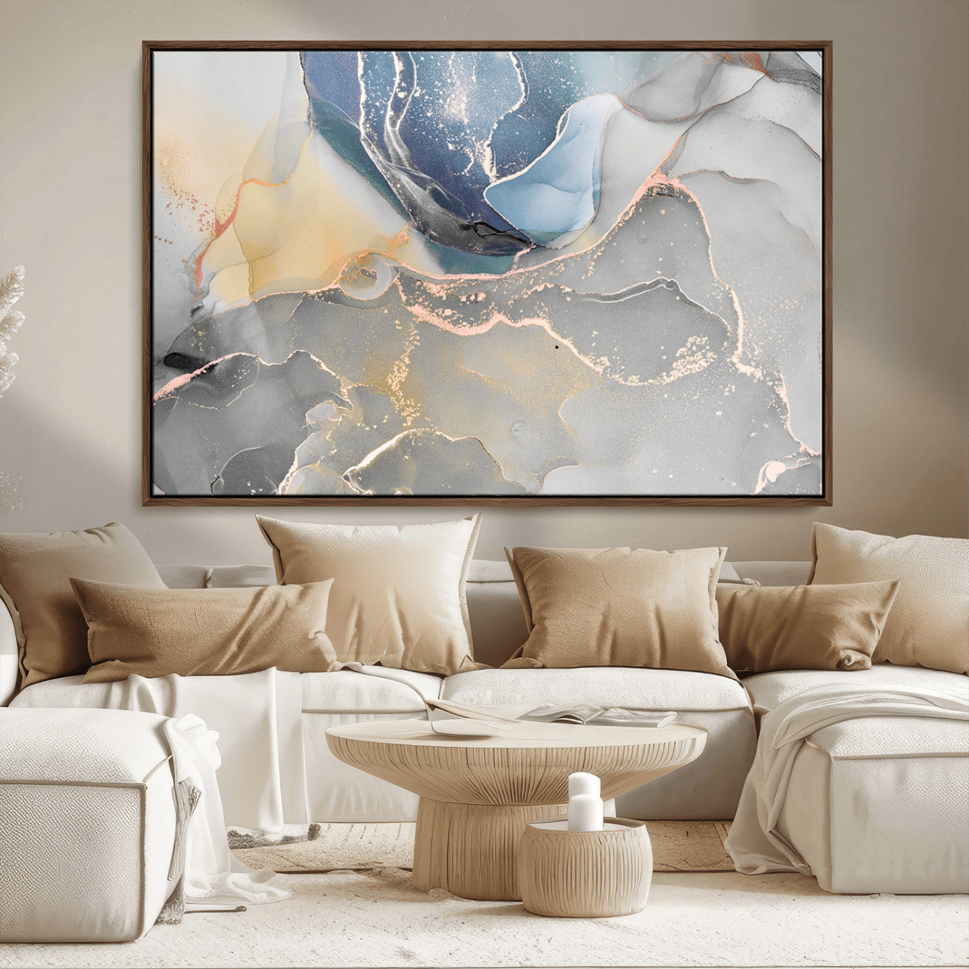 MGV-FC-36X24 - Large Abstract Blue and Gold Canvas Wall Art | Fluid Ink Artwork Print | Luxury Wall Decor for