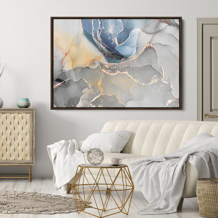 Large Abstract Blue and Gold Canvas Wall Art | Fluid Ink Artwork Print | Luxury Wall Decor for Contemporary Interiors | Framed Blue and Gold