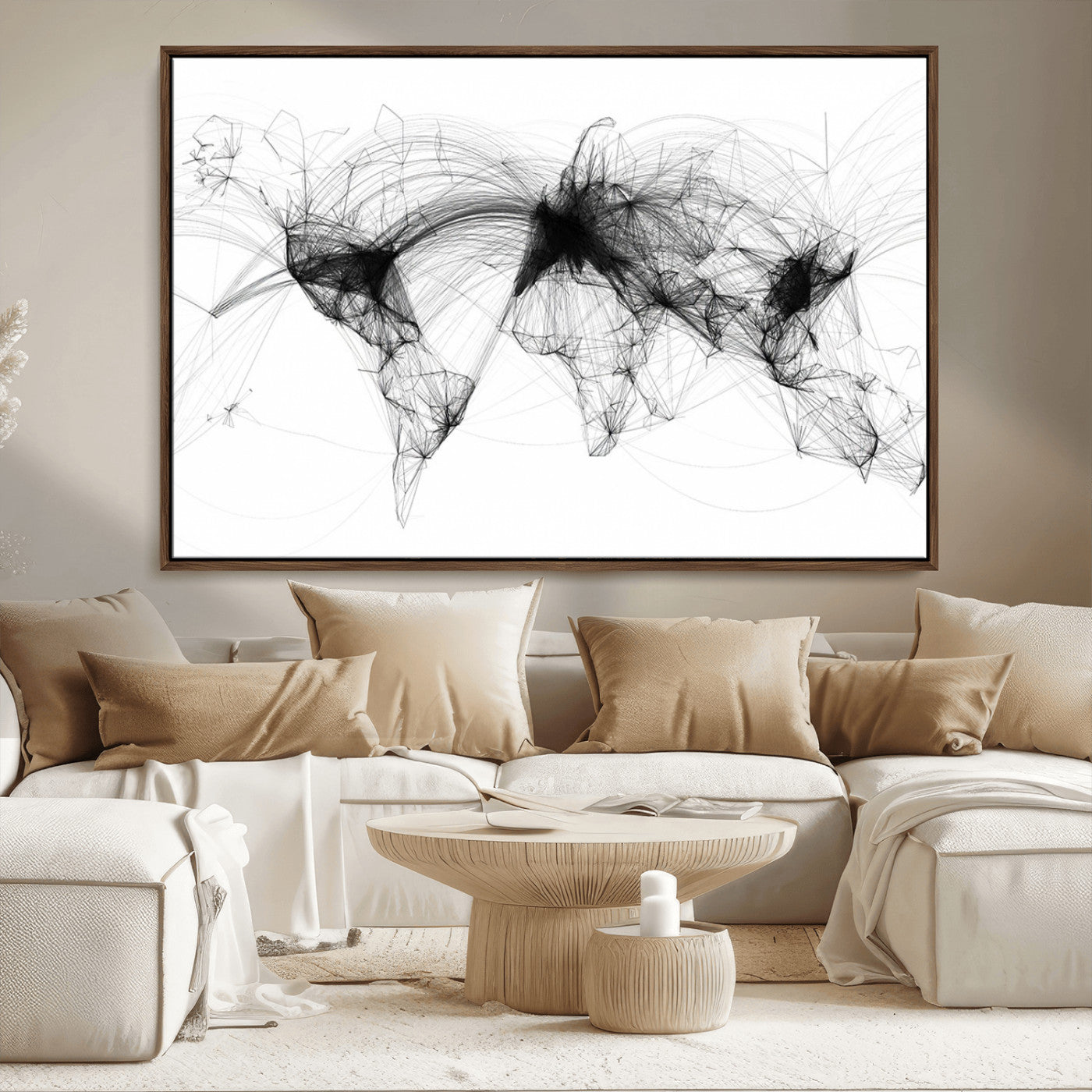 50136-MGV-FC-36X24_Walnut-Abstract World Map Wall Art – Framed Geometric Line Canvas Artwork, Modern Global Design, Contemporary Decor for Home, Office