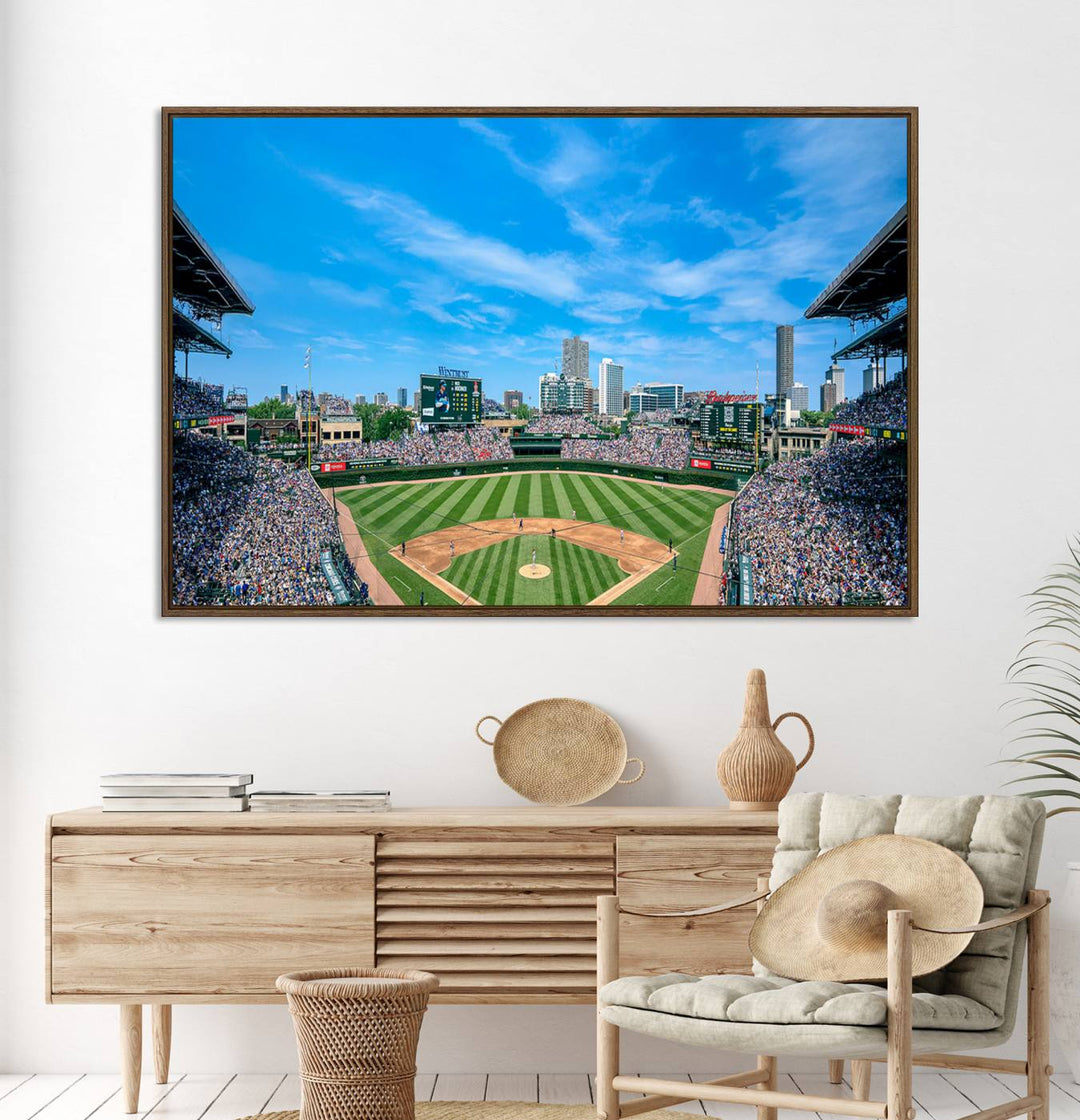 Panoramic view of Wrigley Field, ideal for the Wrigley Field Chicago Cubs Panoramic Canvas Wall Art - Ready to Hang.