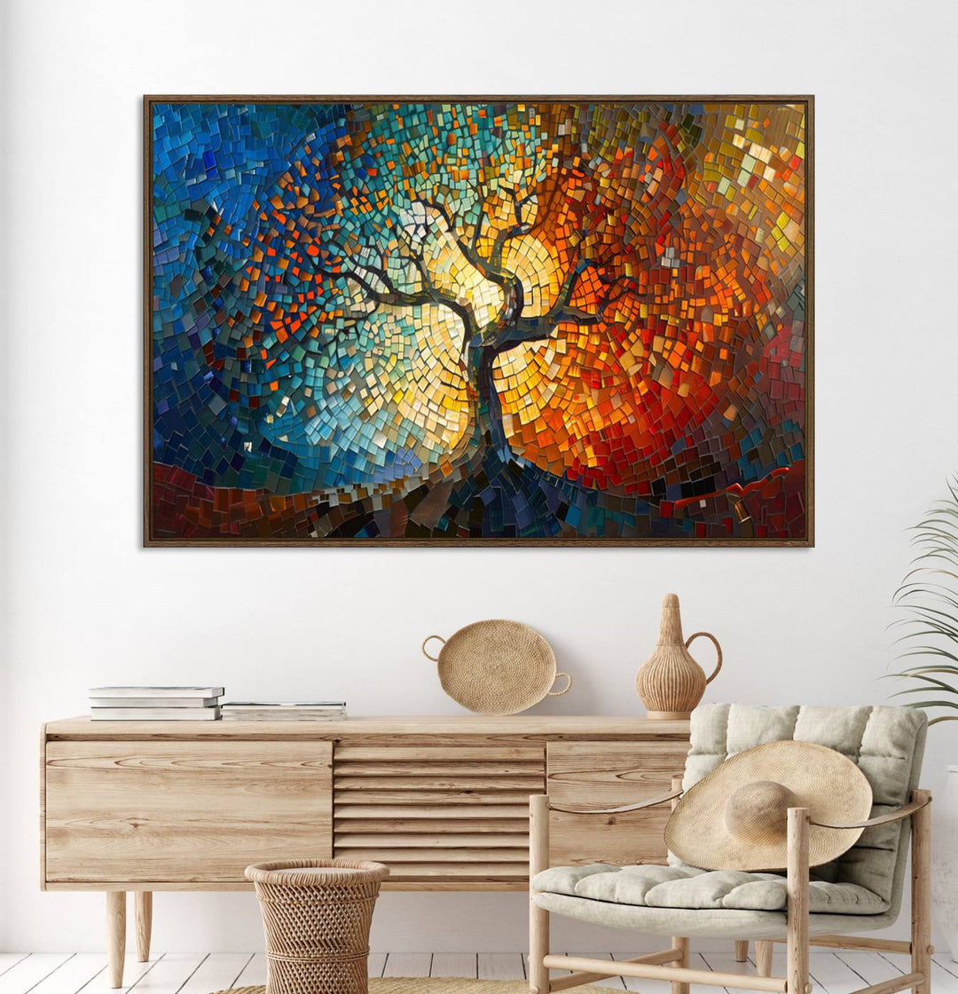 Mosaic Tree Canvas Wall Art: A stunning stained glass-inspired Tree of Life featuring blue and orange swirling patterns reminiscent of a sunburst.