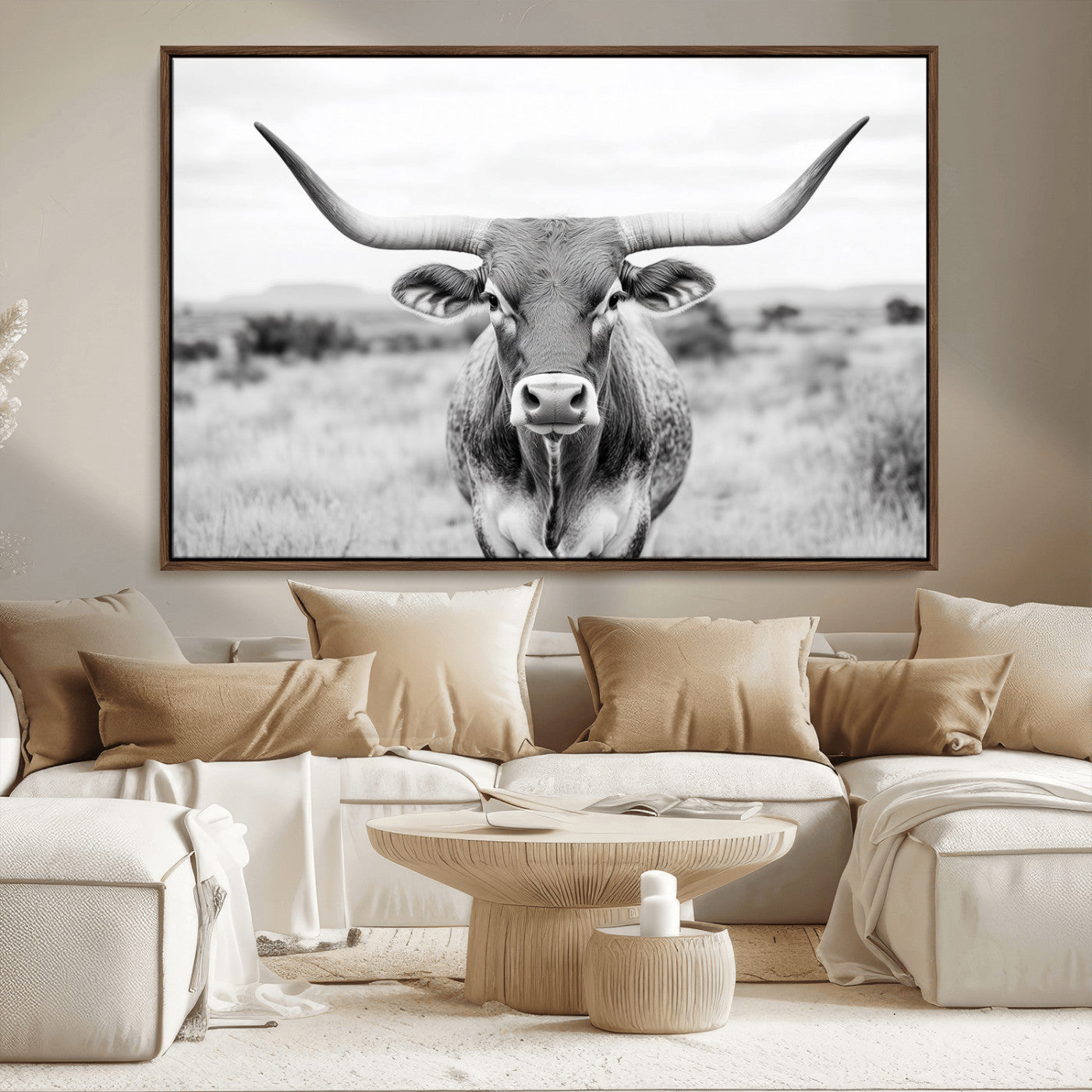 MGV-FC-36X24 - Highland Cow Wall Art Print - Black and White Texas Western Longhorn Canvas - Farmhouse Decor Print