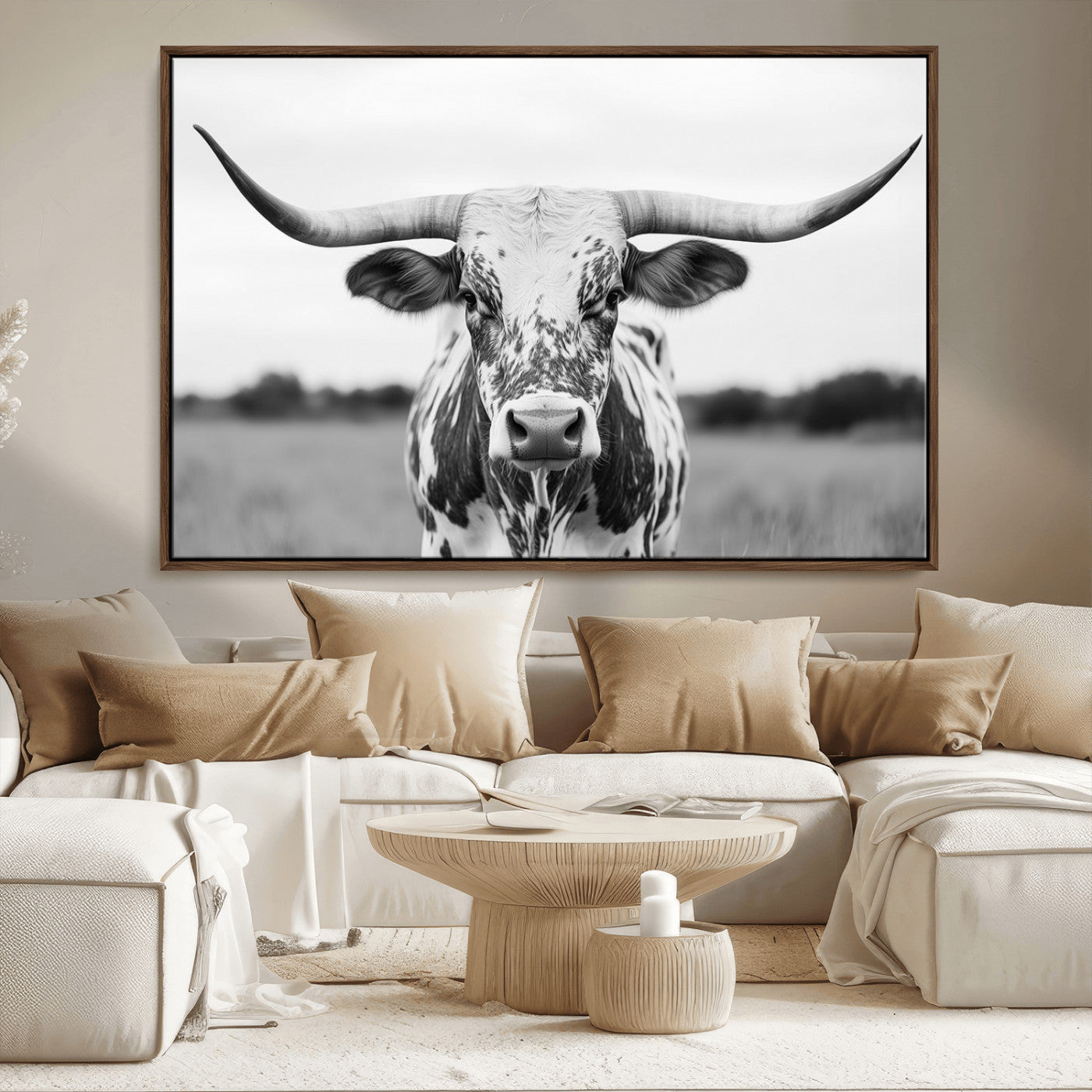 MGV-FC-36X24 - Highland Cow Wall Art - Black and White Western Longhorn Canvas Print - Farmhouse Living Room Decor