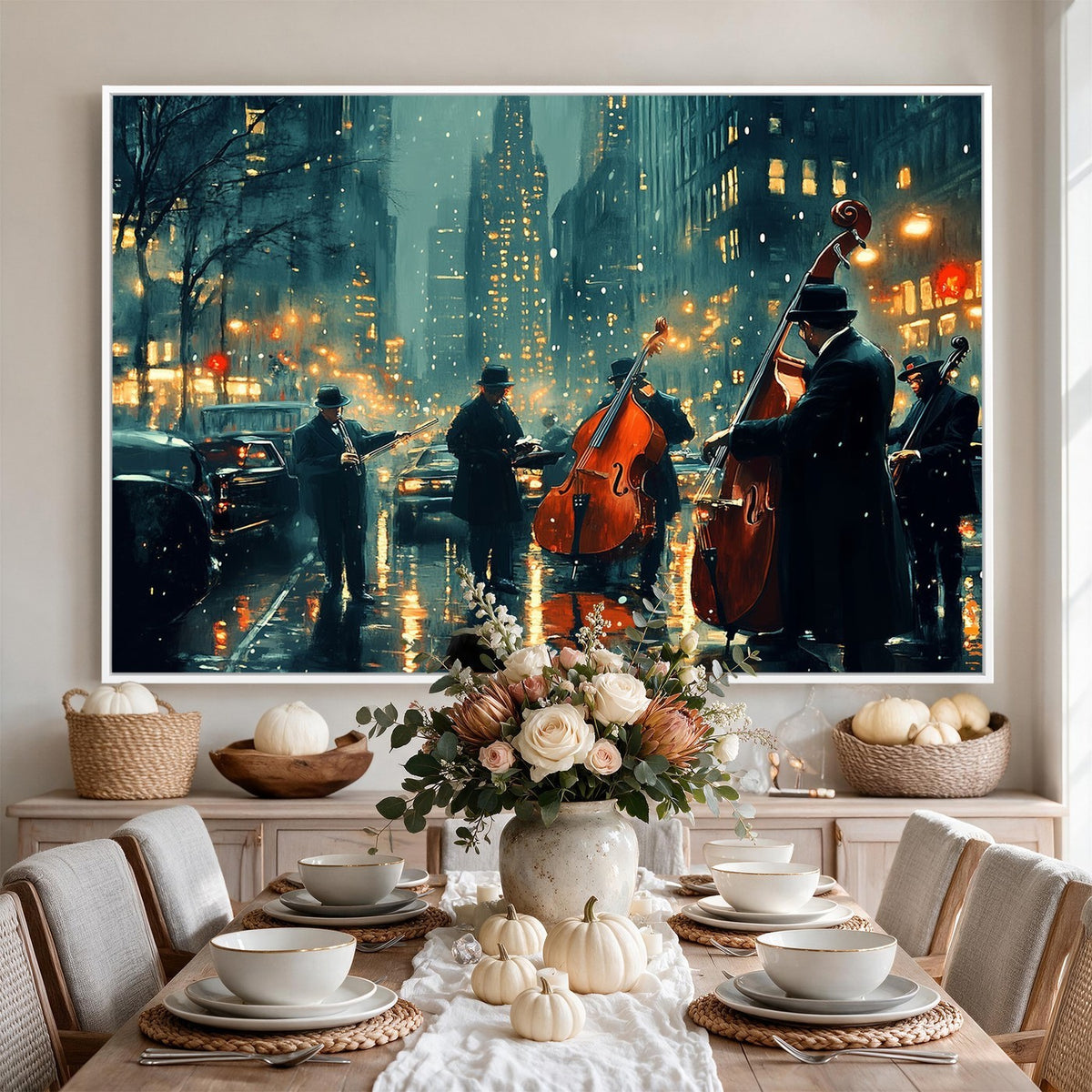 53391-MGV-CV-24X16 - Urban Night Jazz Wall Art Canvas Print | Moody Rain Soaked City Street Band Scene