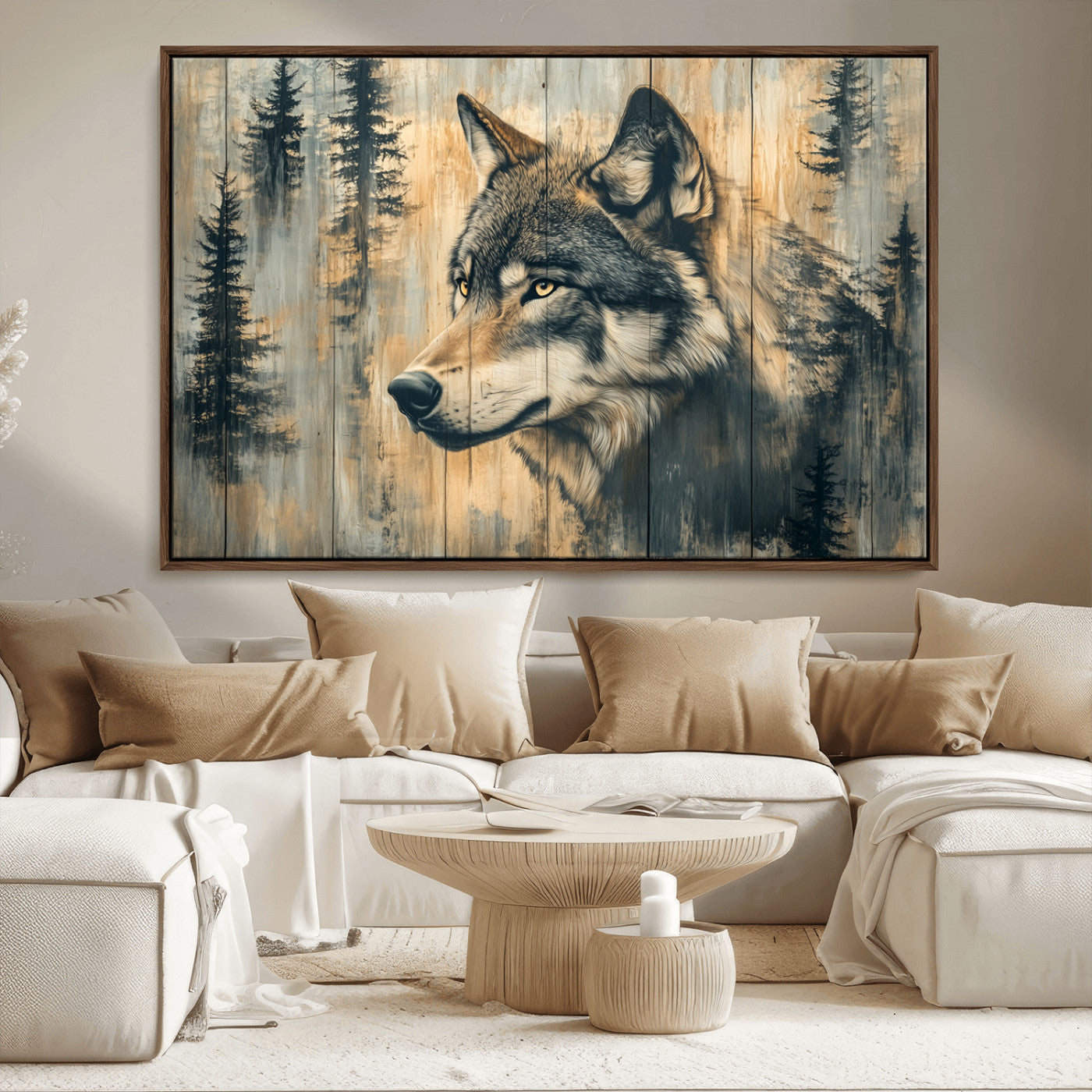 MGV-FC-36X24 - Wood Style Rustic Wolf Wall Art Canvas Print, Vintage Woodland Wolf Wall Art, Framed Wood Style Wolf