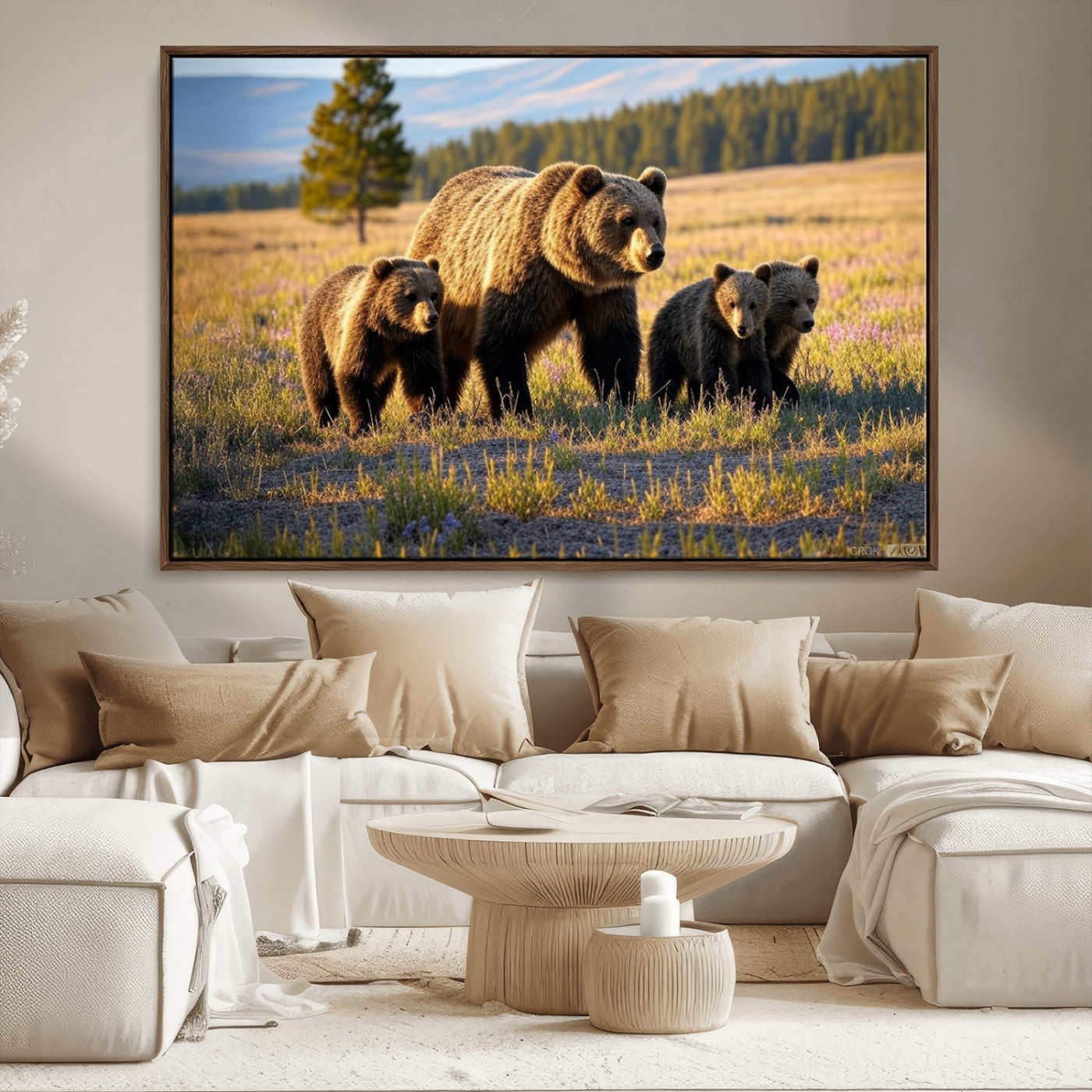 MGV-FC-36X24 - Grizzly 399 in Wild Flowers Wall Art Canvas Print, Grizzly Bears Wall Art, Queen of Grand Teton