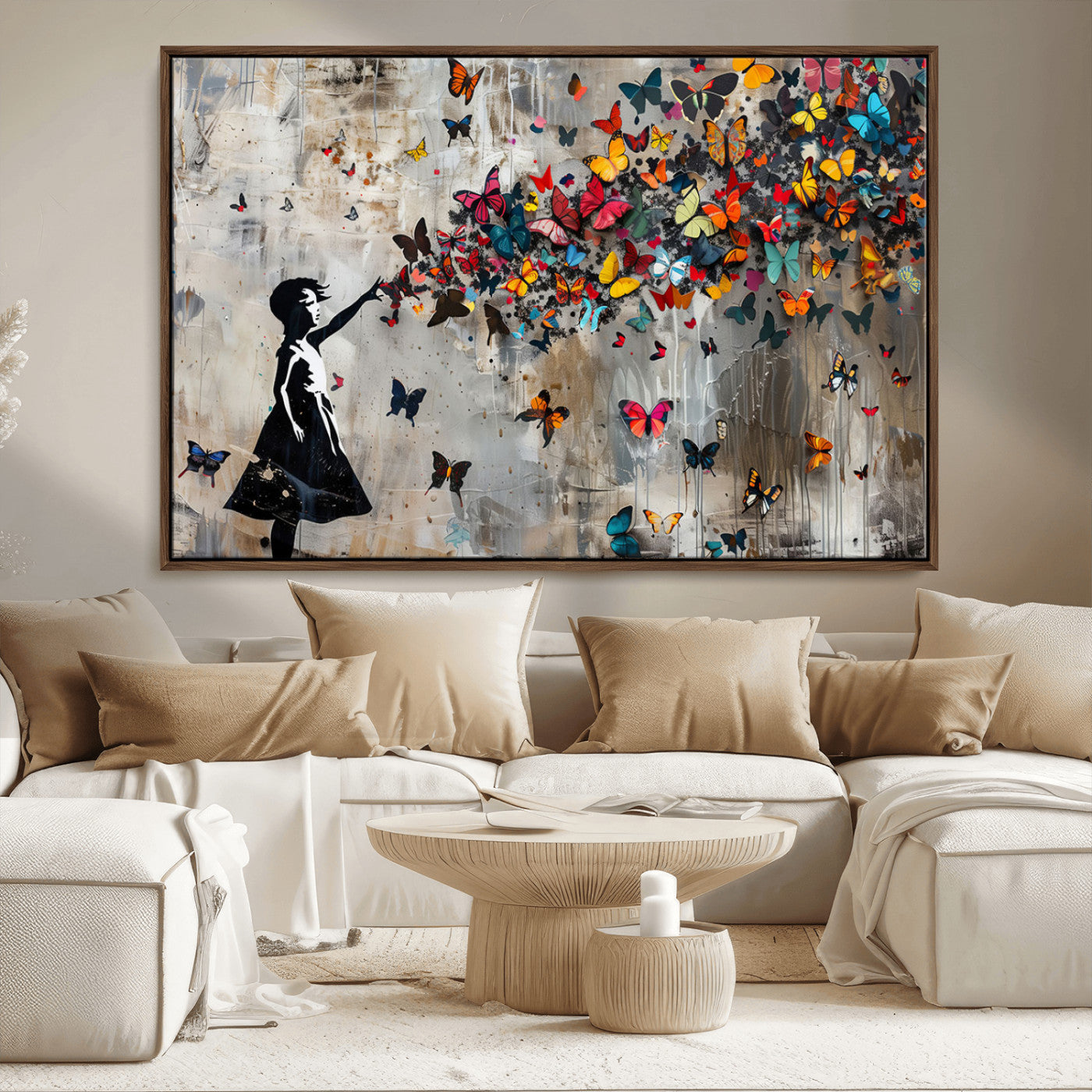 MGV-FC-36X24 - Framed Banksy Butterfly Girl Wall Art ,3-Piece Butterfly Girl Canvas, Modern Graffiti Canvas Print