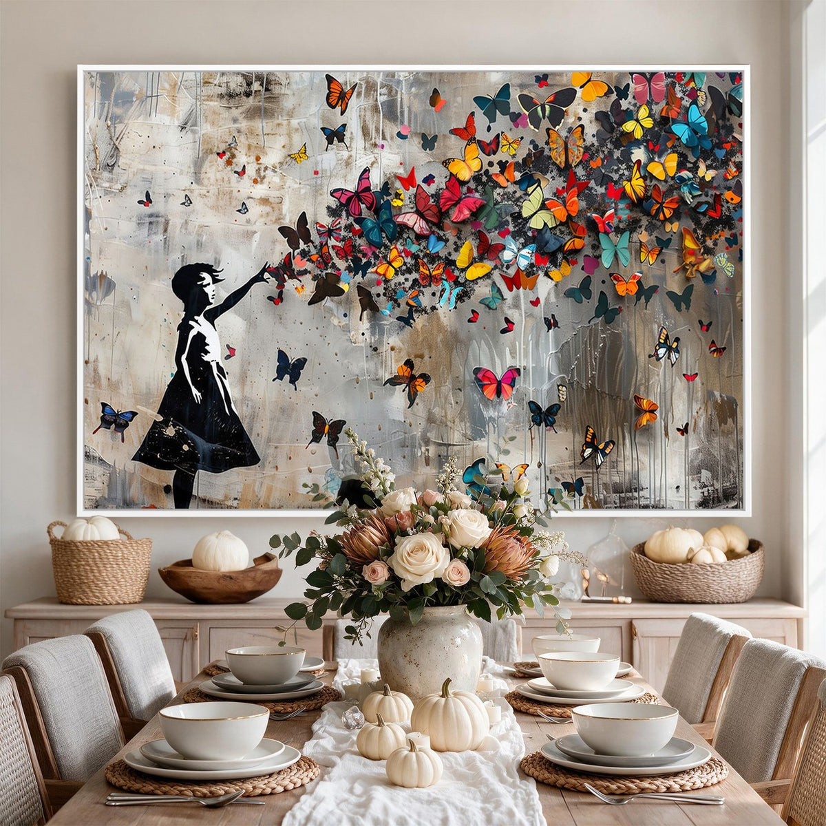 51446D-MGV-CV-24X16 - Banksy Butterfly Girl Wall Art | Modern Graffiti Canvas Print, Street Art Decor