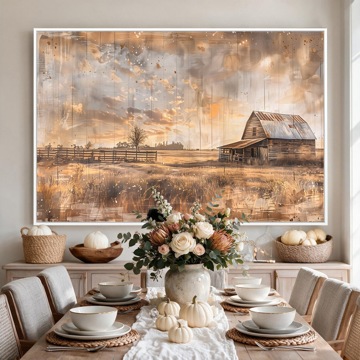 FARM2-MGV-CV-24X16 - Rustic Farmhouse Wall Art Canvas Print | Barn and Field Vintage Country Landscape