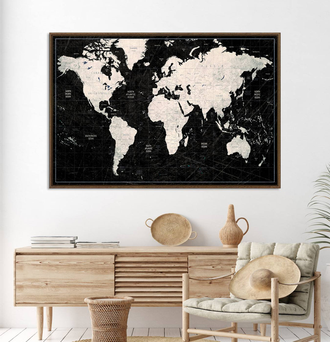 Framed Black and White World Map Canvas Print | 3-Panel Ready to Hang Wall Art for Modern Home Decor | Bold Global Style for Office Decor