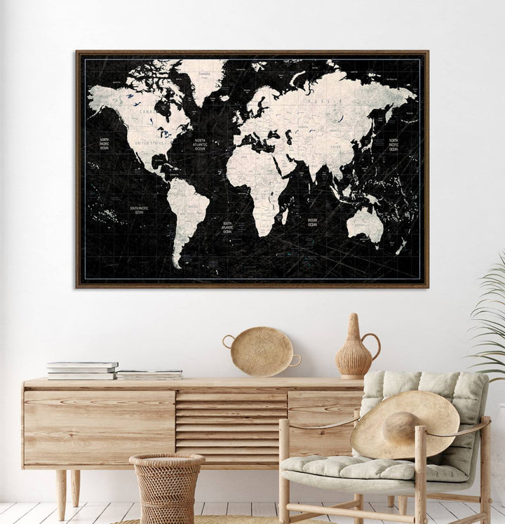 Framed Black and White World Map Canvas Print | 3-Panel Ready to Hang Wall Art for Modern Home Decor | Bold Global Style for Office Decor