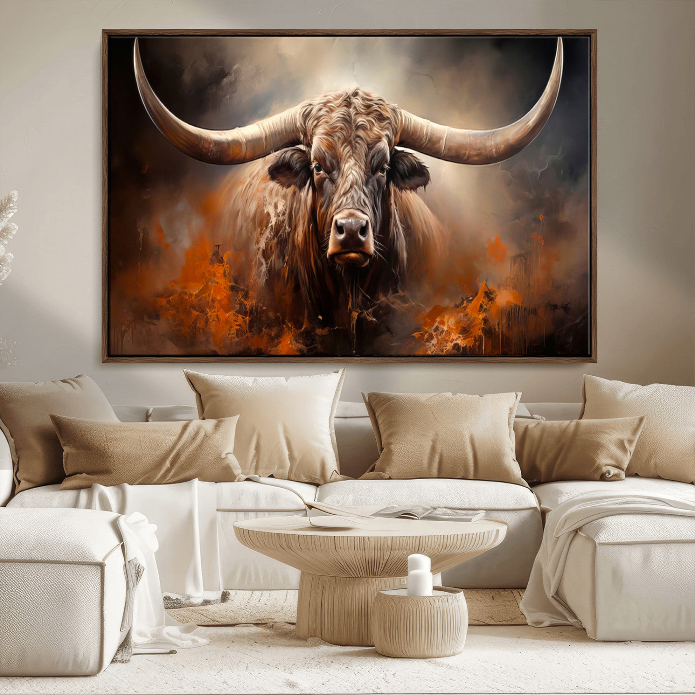 MGV-FC-36X24 - Highland Bull Canvas Abstract Canvas Wall Art Print – Powerful Highland Bull with Striking Horns in