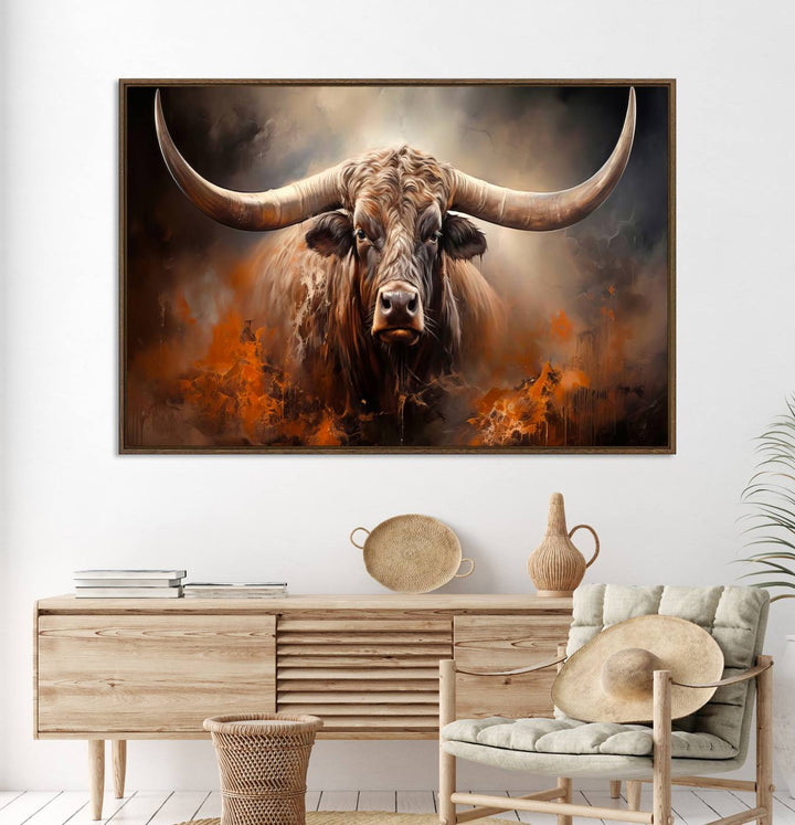 A Highland Bull with striking horns is depicted in a fiery abstract style on a ready-to-hang wall art canvas, evoking strength.