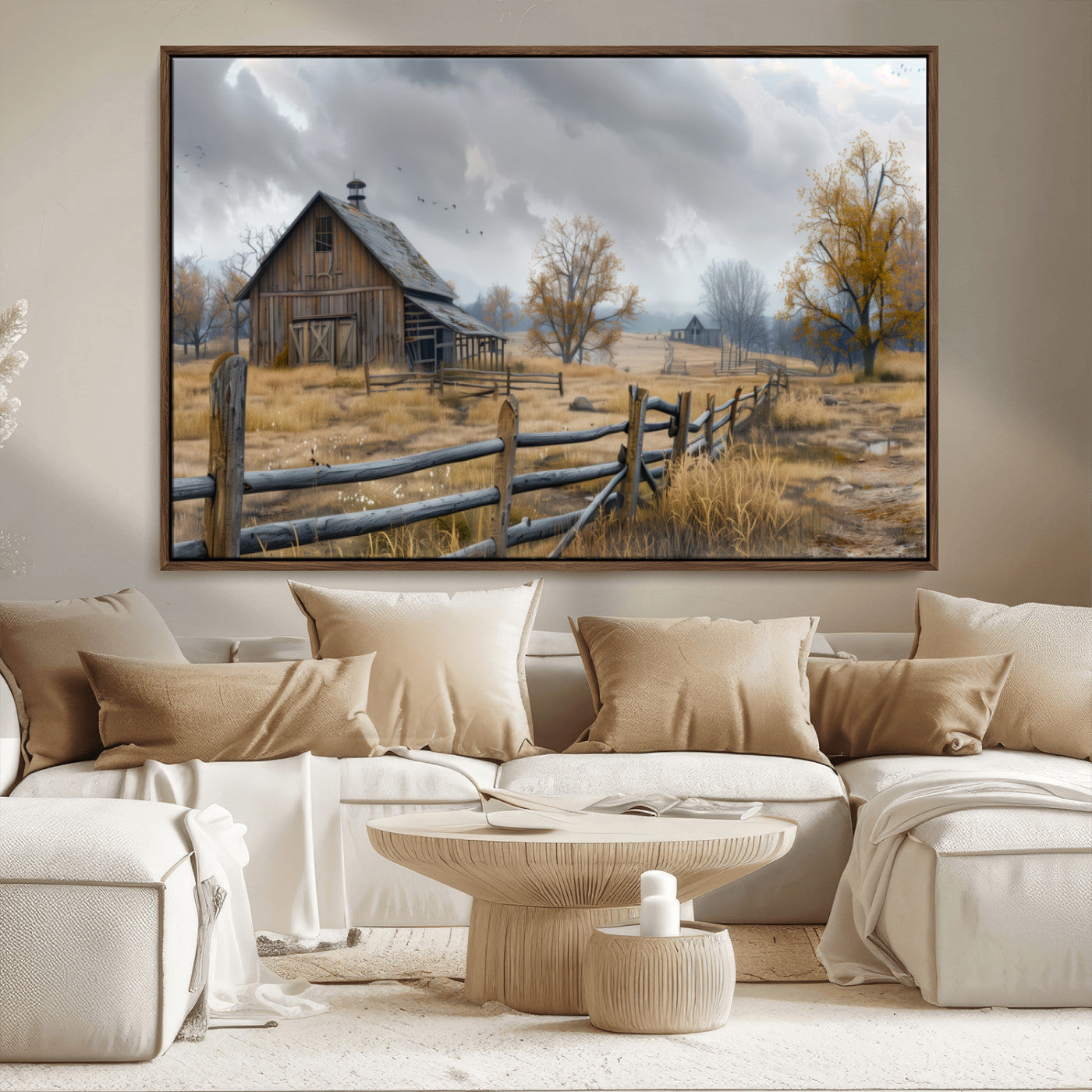 MGV-FC-36X24 - Rustic Autumn Farmhouse Wall Art Canvas Print – Serene Countryside Scene with Weathered Barn and