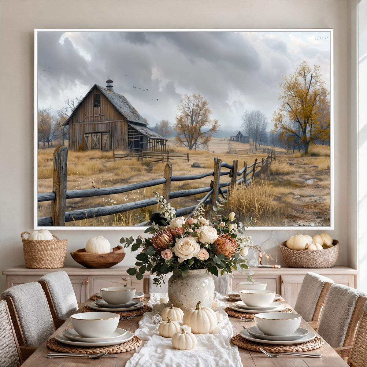 Farm1-MGV-CV-24X16 - Rustic Autumn Farmhouse Wall Art Canvas Print | Serene Countryside with Weathered Barn