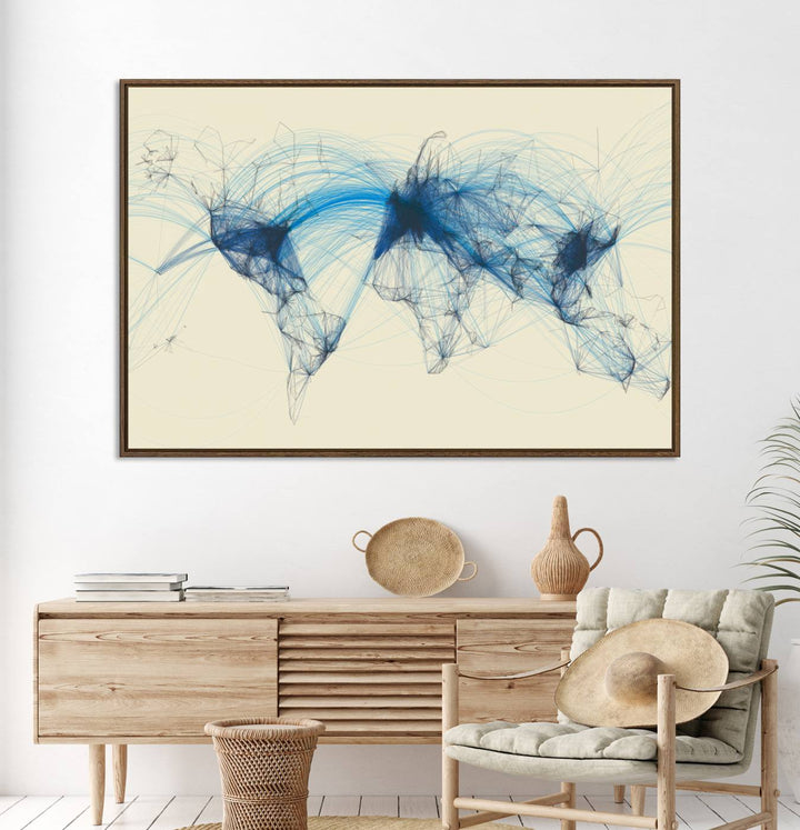 Flight Routes Map: Air Traffic Avi World Map featuring blue lines symbolizing global data. Ideal for home decor and ready to hang.