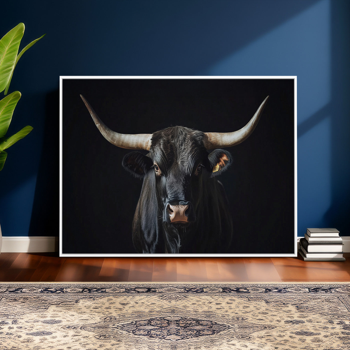 48065167-MGV-CV-36X24 - Texas Longhorn Bull Wall Art Canvas Print – Western Black Bull Art Print for Farmhouse Ranch Decor