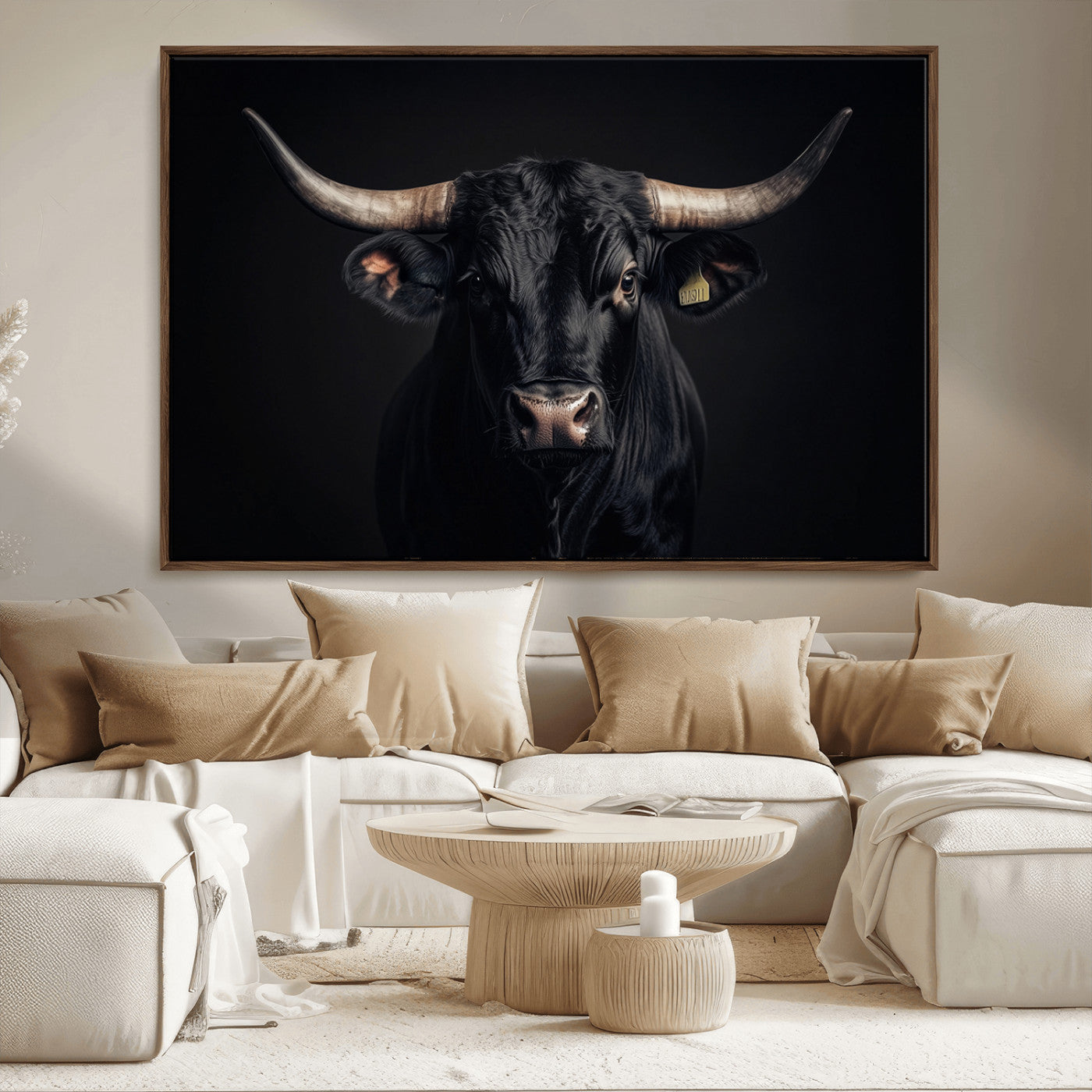 MGV-FC-36X24 - Black Bull Wall Art – Framed Horned Bull Canvas Artwork, Western Cattle Design, Rustic Ranch Style Decor for Home, Office