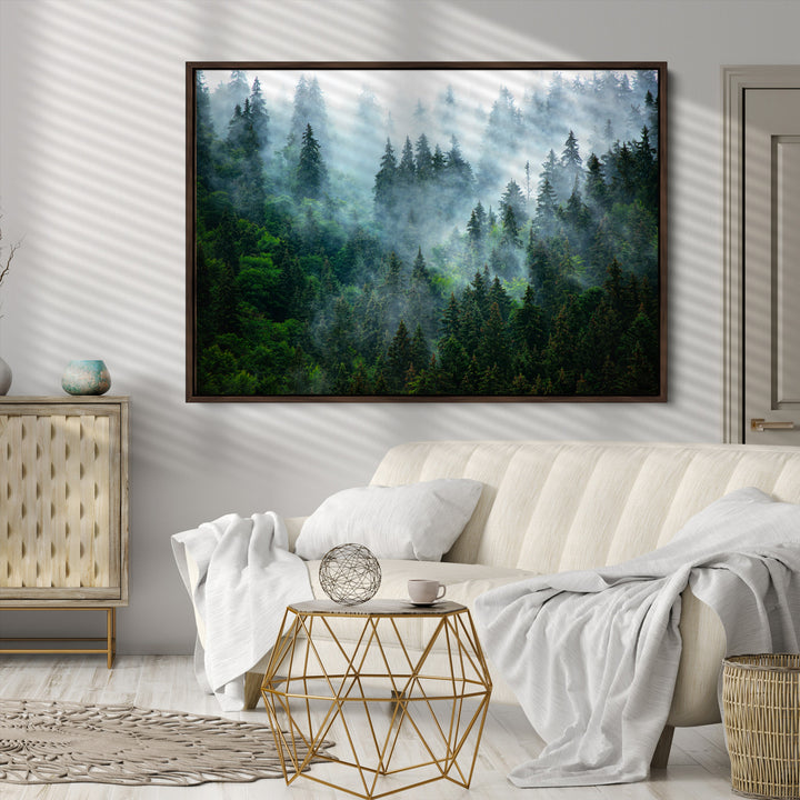 Misty Forest Art Wall Art Canvas Print, Foggy Mountain Art Print, Framed Scenic Wall Print Art Print, Large Woodland Canvas Printing Perfect