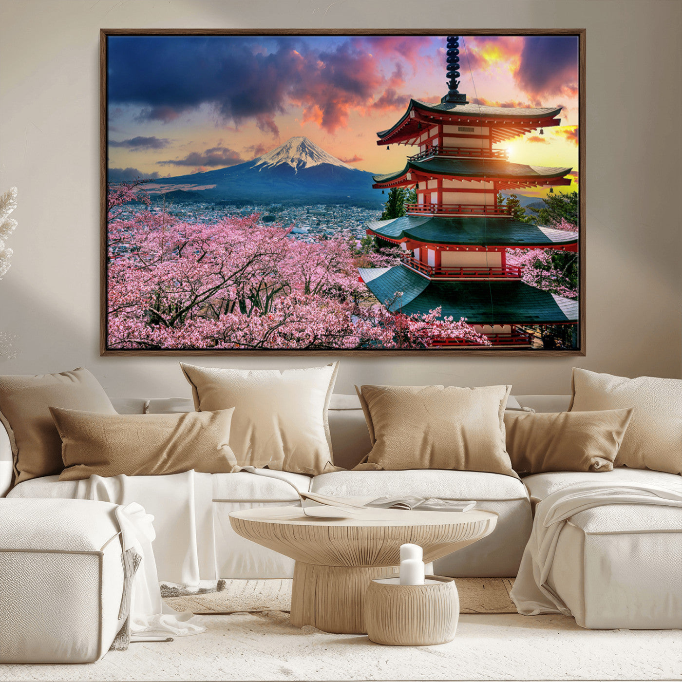 MGV-FC-36X24 - Mount Fuji & Cherry Blossom Wall Art Canvas Print – Iconic Japanese Landscape, Sakura Pagoda Sunset,