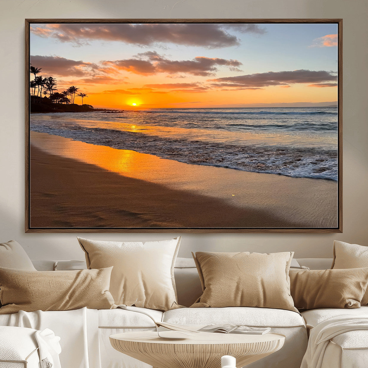 MGV-FC-36X24 - Sunset Glow Wall Art – Canvas Print of Ocean Breeze, Golden Sand, Tropical Palm Silhouettes, Tranquil Waves, Beach Nature Decor for Home
