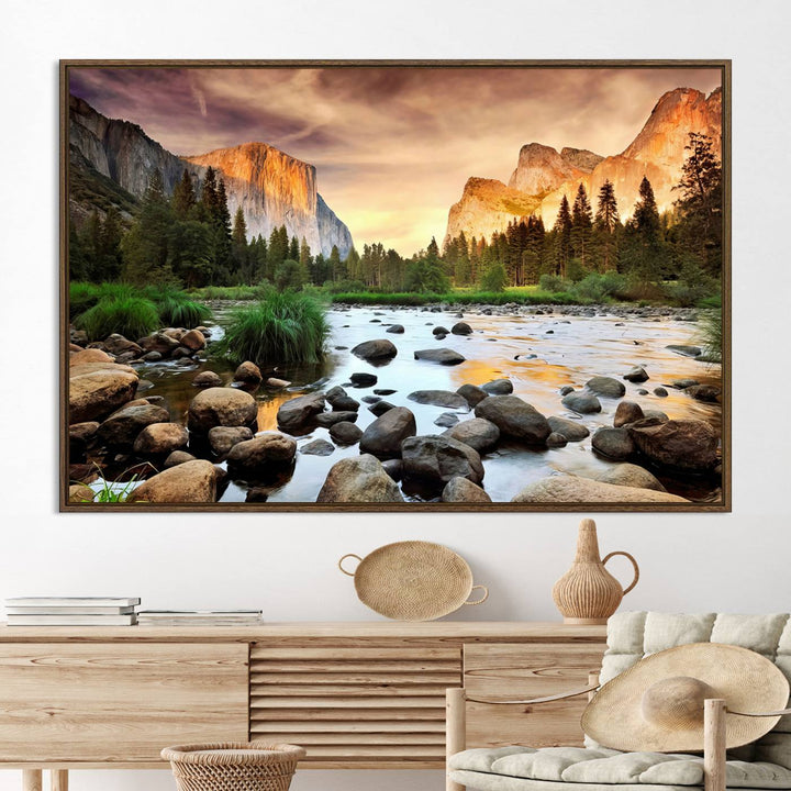 A tranquil riverside sunset mirrors the beauty of a Yosemite wall art masterpiece like the Large El Capitan Print.