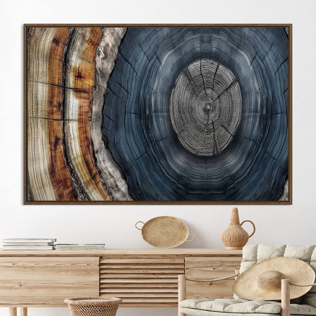 Close-up of the Abstract Tree Rings Wall Art Print featuring shades of blue, brown, and gray.