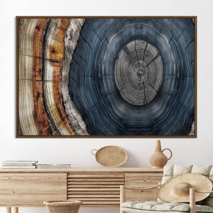 Close-up of the Abstract Tree Rings Wall Art Print featuring shades of blue, brown, and gray.