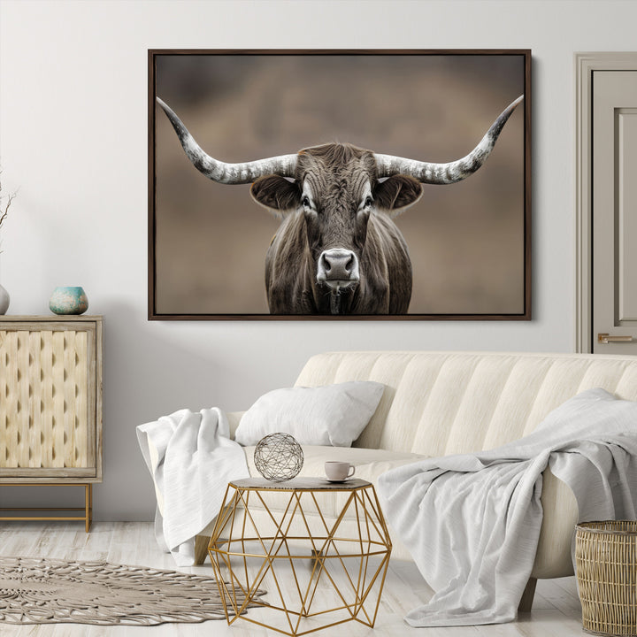 The Framed Texas Longhorn Bull Art Canvas Print adds timeless elegance to the serene setting.