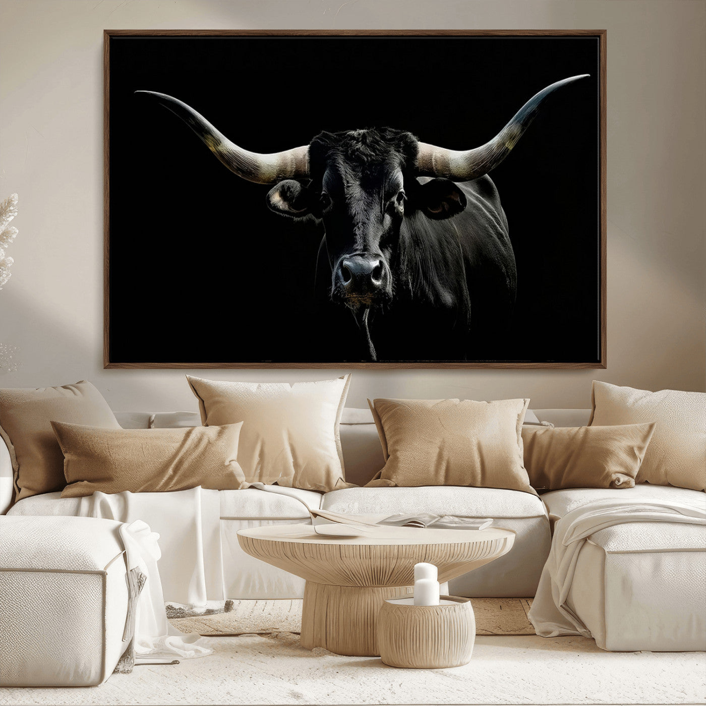 MGV-FC-36X24 - Texas Black Bull Wall Art Print, Longhorn Bull Canvas Wall Art
