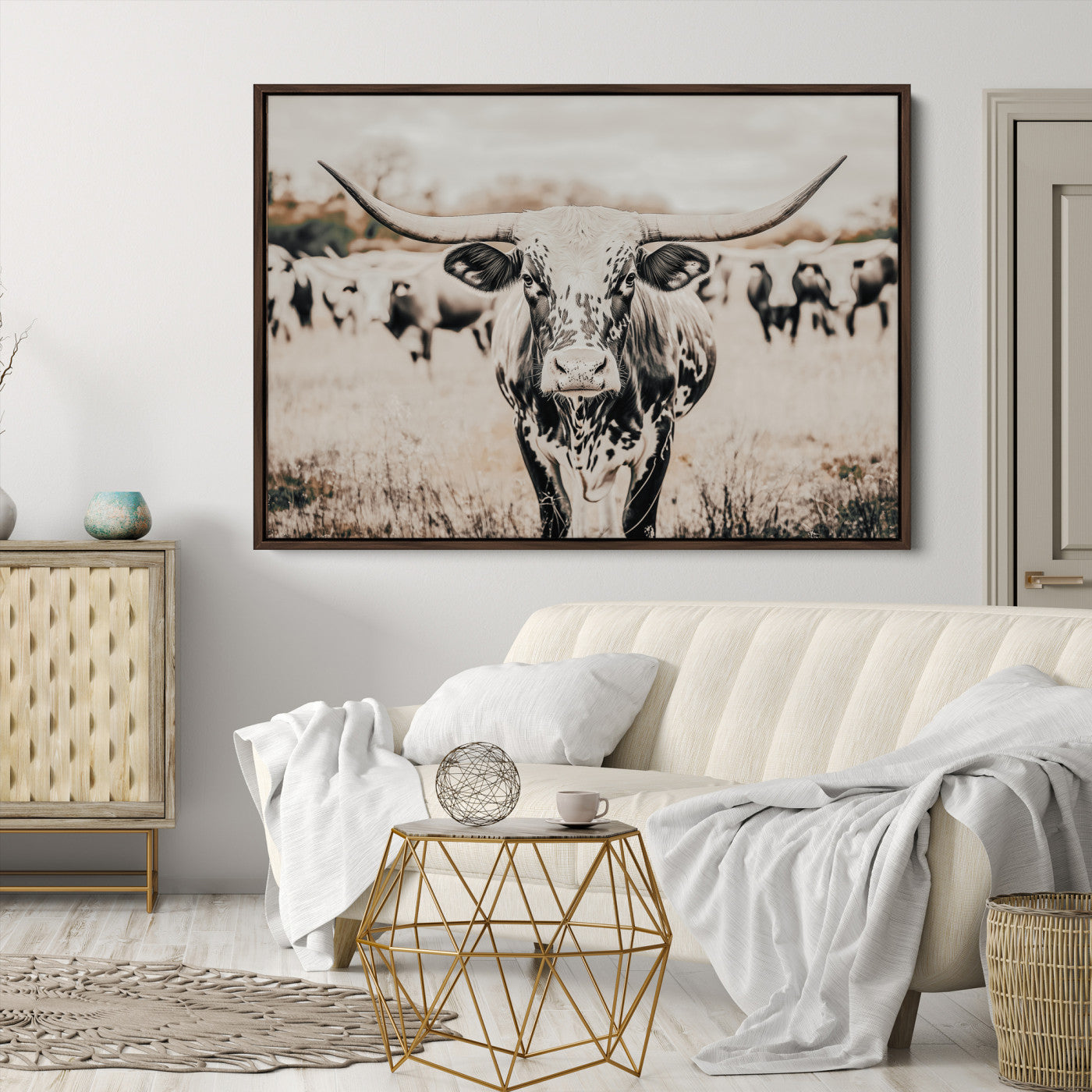 Texas Longhorn Wall Art Canvas Print, Framed Speckled Cow Art Picture Print, Horned Cattle Perfect Rustic Western Decor Artwork