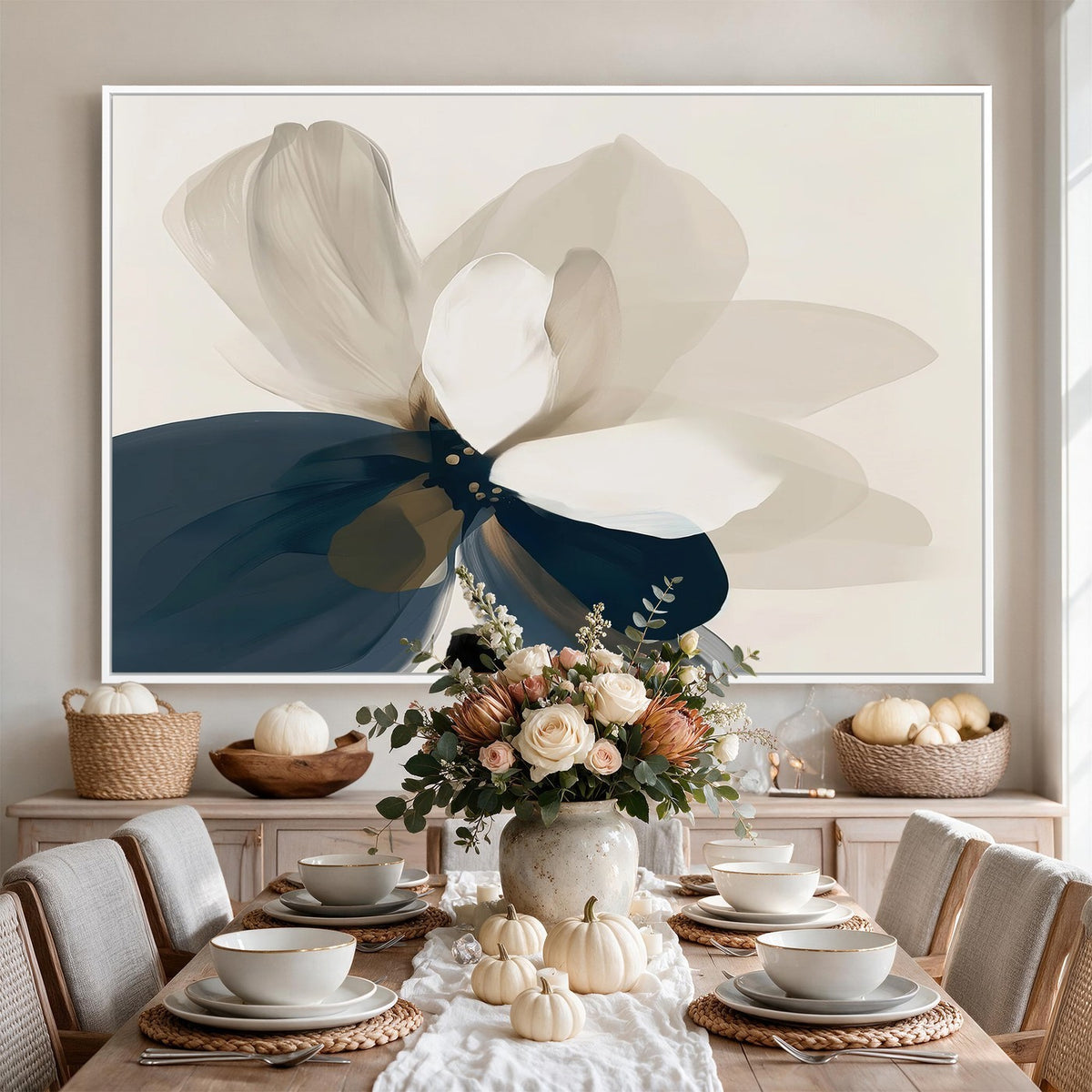 42188901-MGV-CV-24X16 - Minimal Flower Wall Art Canvas Print | Framed Beige and Navy Bloom