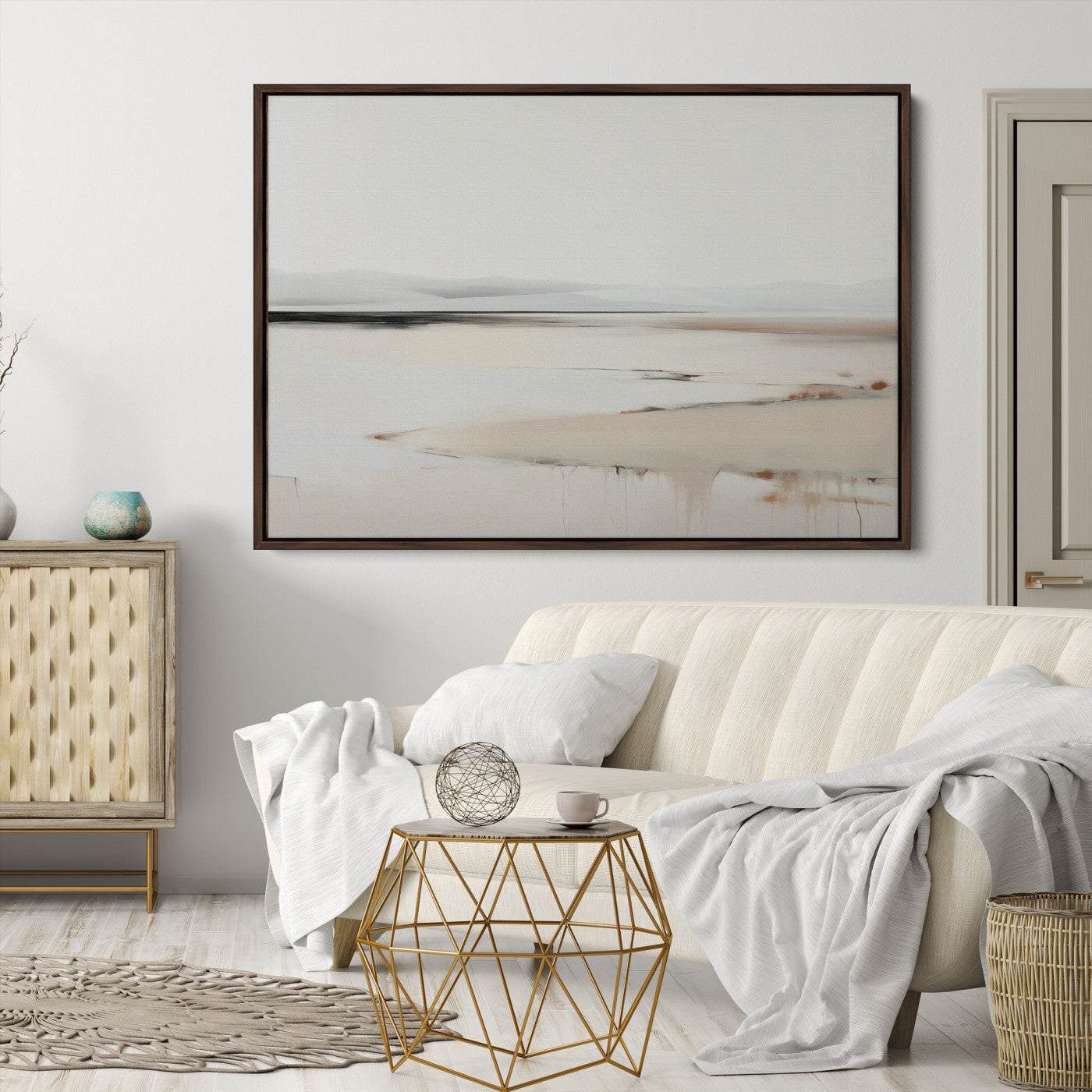 Minimalist Landscape Wall Art Canvas Print, Framed Soft Horizon Art Picture Print, Abstract Seascape Perfect Minimalist Earthy Decor, Framed