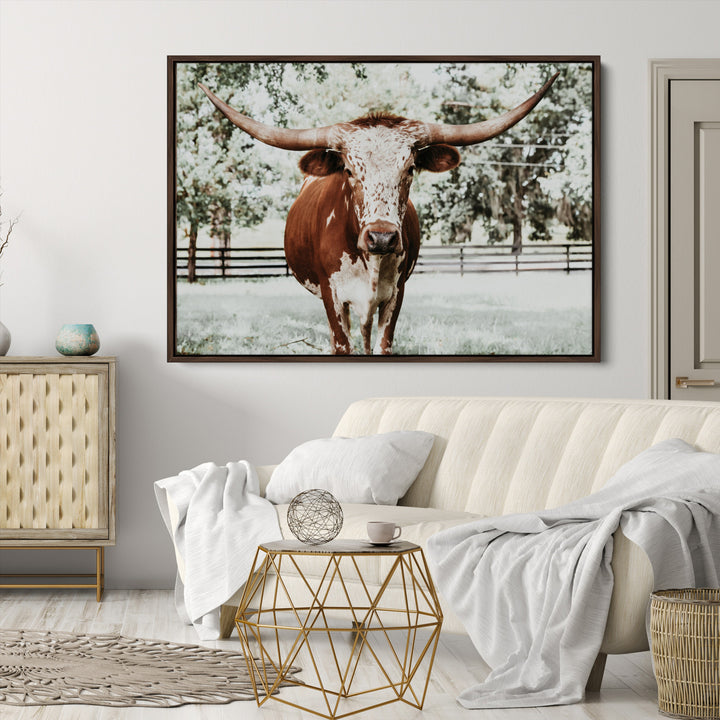 Texas Longhorn Wall Art Canvas Print, Framed Spotted Cow Art Picture Print, Horned Cattle Perfect Rustic Western Decor, Framed Horned Cattle Print