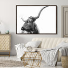 64392617-MGV-CV-36X24-Longhorn Wall Art Wall Art Canvas Print, Framed Modern Ranch Style Art Art Picture Print, Monochrome Cow Print Perfect Rustic Western Decor