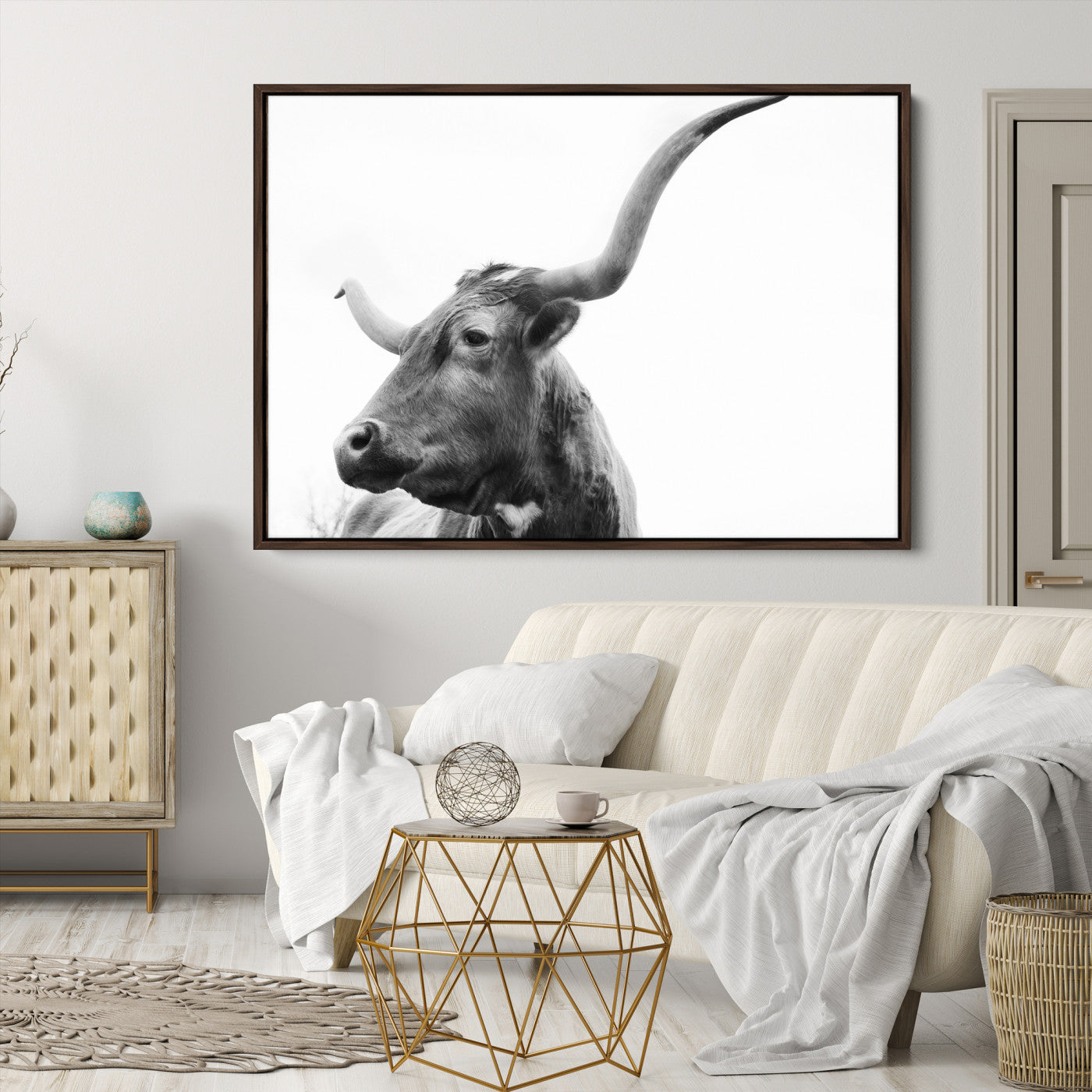 64392617-MGV-CV-36X24-Longhorn Wall Art Wall Art Canvas Print, Framed Modern Ranch Style Art Art Picture Print, Monochrome Cow Print Perfect Rustic Western Decor