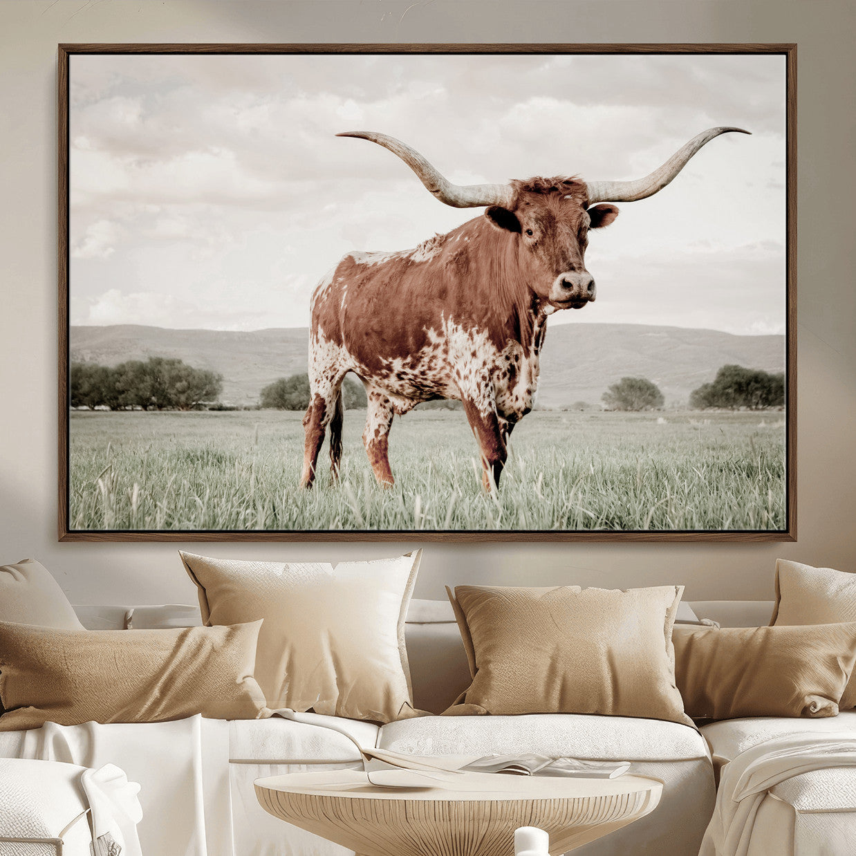 MGV-FC-36X24 - Texas Longhorn Wall Art Canvas Print, Framed Spotted Cattle Art Picture Print, Horned Bull Perfect Rustic Western Decor Artwork