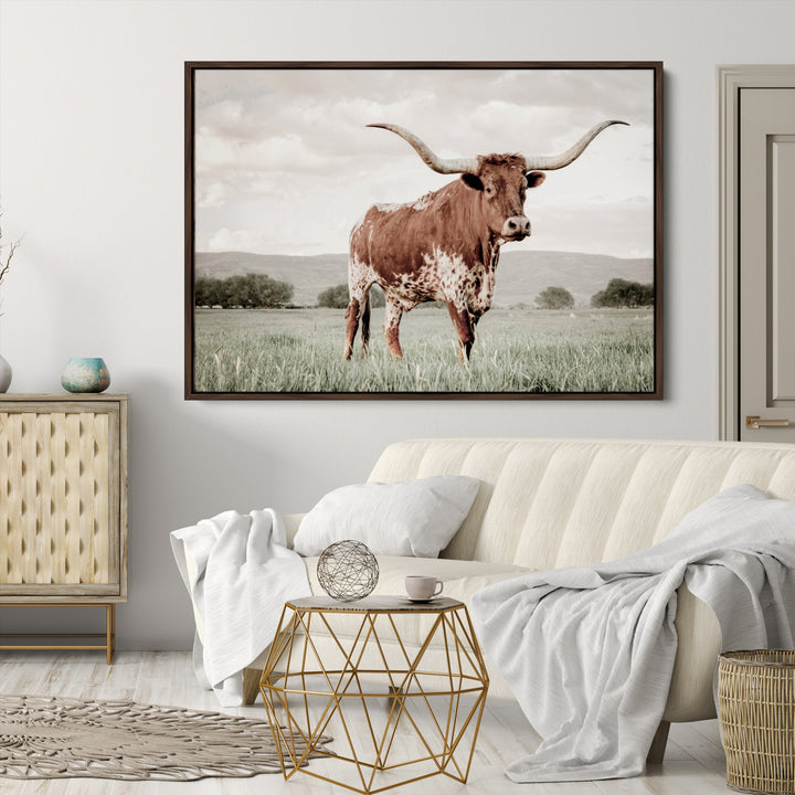 Texas Longhorn Wall Art Canvas Print, Framed Spotted Cattle Art Picture Print, Horned Bull Perfect Rustic Western Decor Artwork