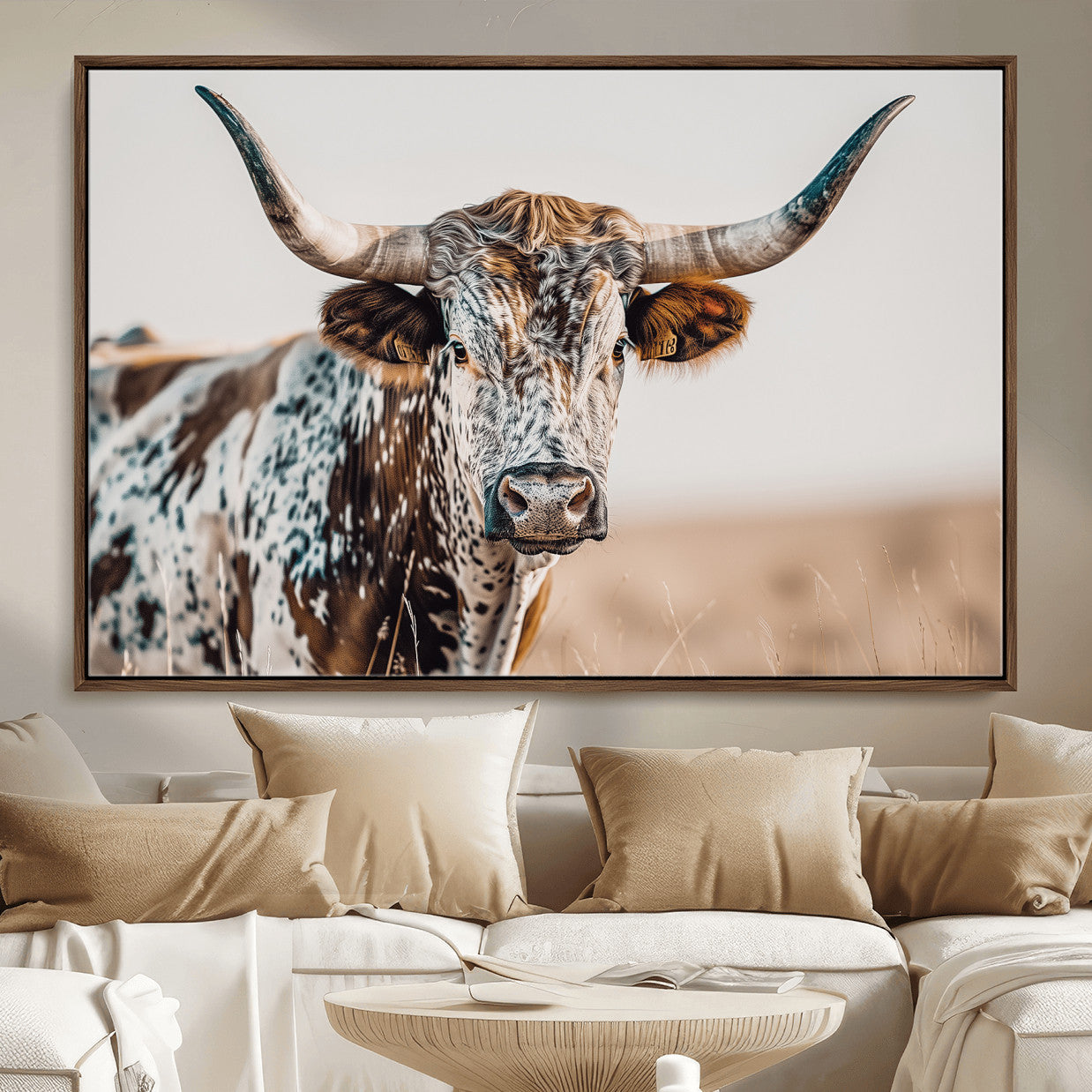 70414966-MGV-FC-36X24 - Majestic Longhorn Wall Art – Canvas Print of Strong Stance Intricate Fur & Sharp Horns Rustic Elegance & Timeless Wild Beauty Decor for Living Room, Office or Bedroom