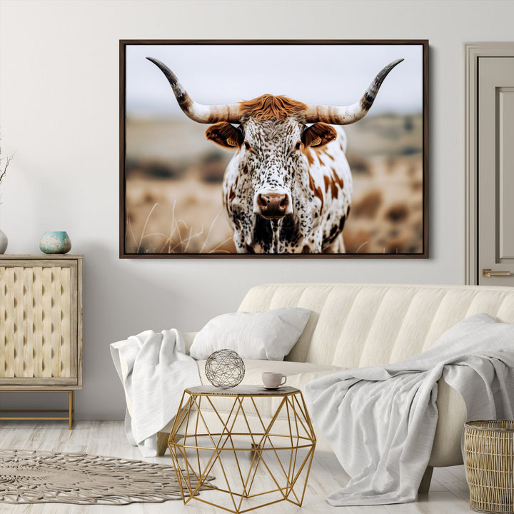 Texas Longhorn Wall Art Canvas Print, Framed Spotted Cow Art Picture Print, Horned Cattle Perfect Rustic Western Decor Artwork