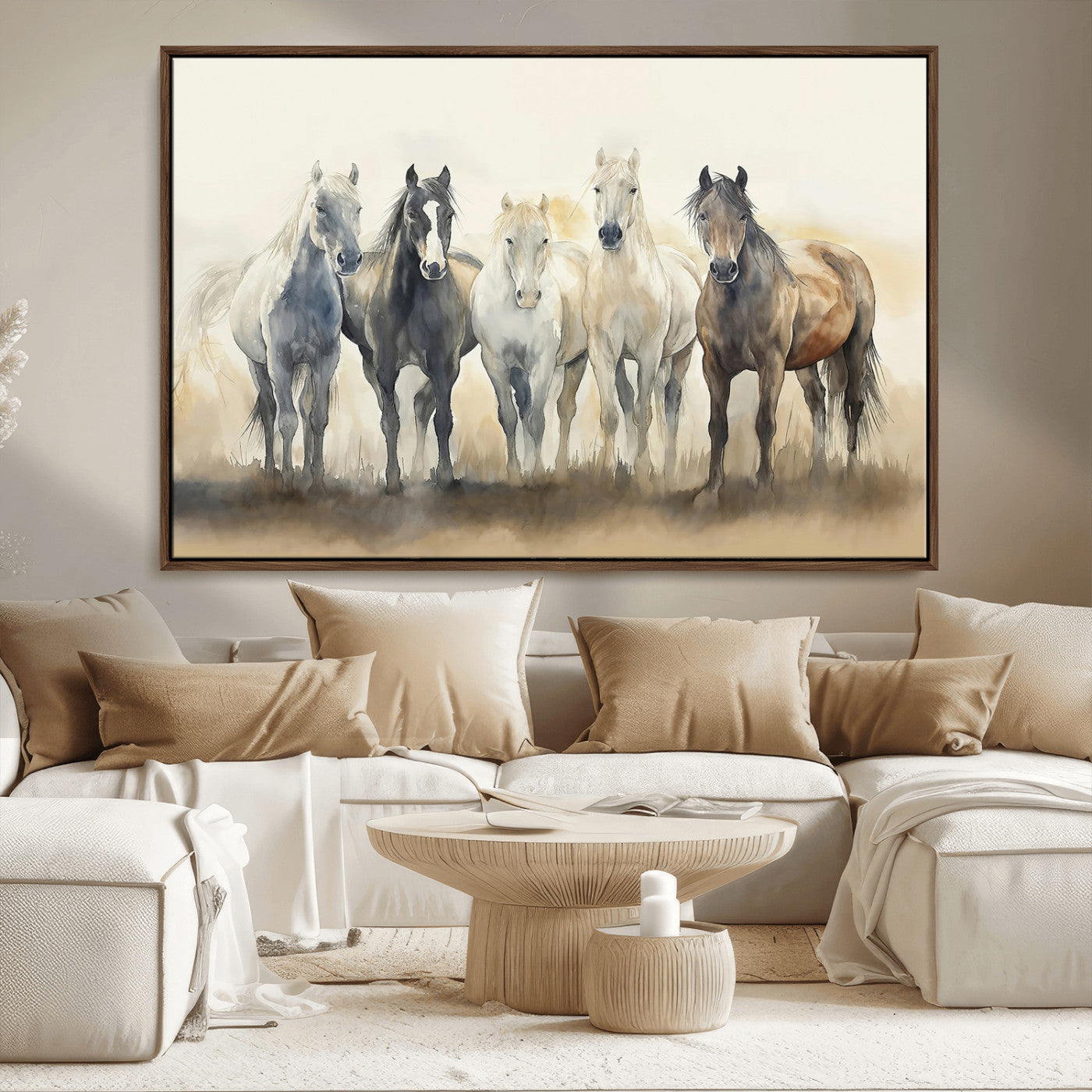 MGV-FC-36X24 - Wild Horses Wall Art Canvas Print, Framed Running Horses Art Picture Print, Watercolor Horses Perfect Rustic Western Decor Artwork