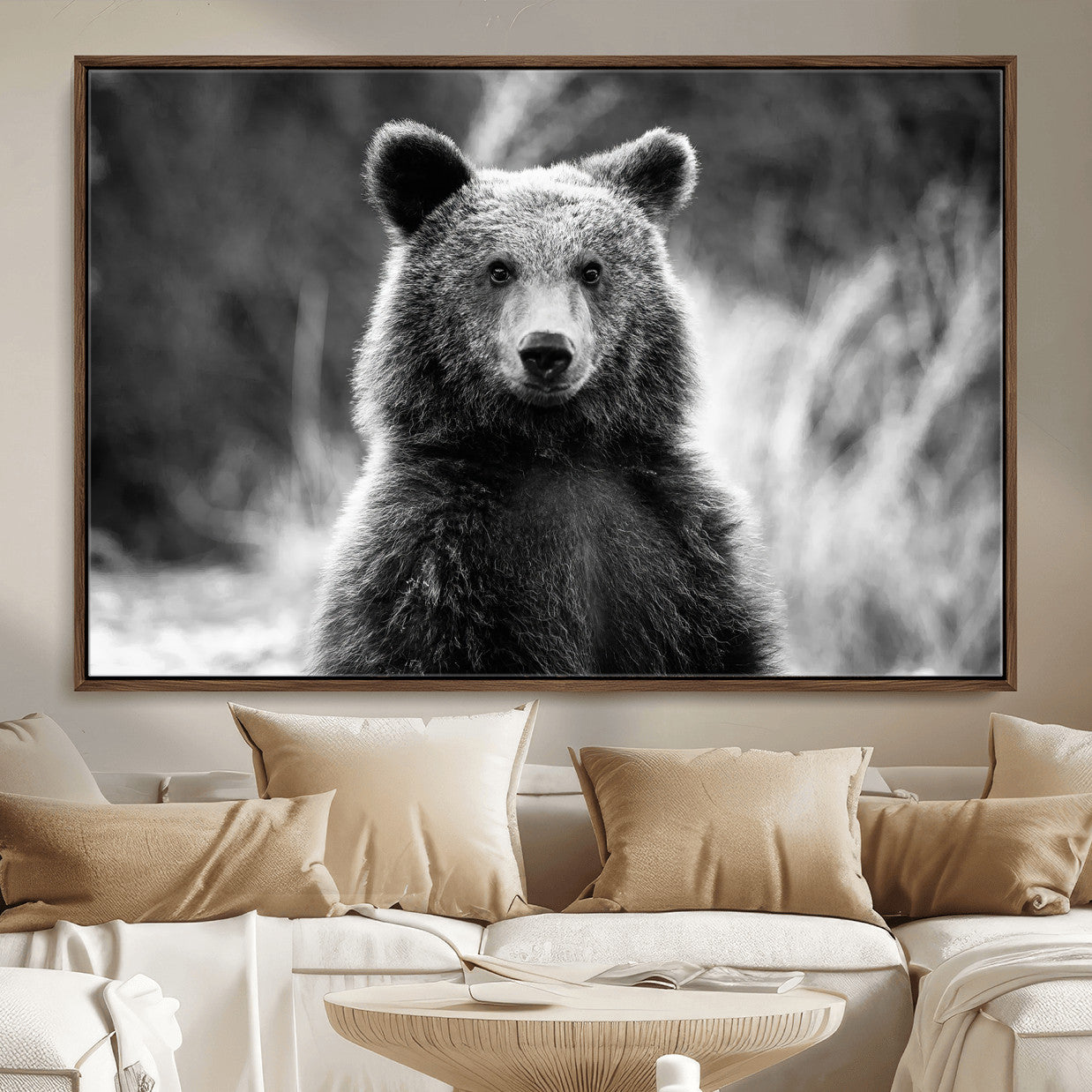 55656803-MGV-FC-36X24_Walnut-Grizzly Bear Wall Art Canvas Print – Framed Black White Wildlife Rustic Nature Artwork for Home, Office Decor