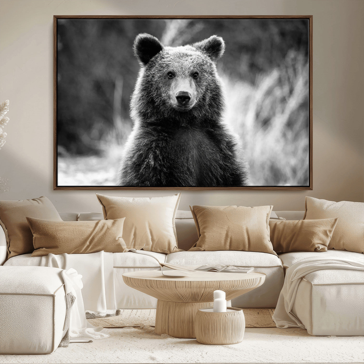 MGV-FC-36X24 - Grizzly Bear Wall Art Canvas Print, Framed Black White Bear Art Picture Print, Wild Bear Perfect Rustic Wildlife Decor Artwork