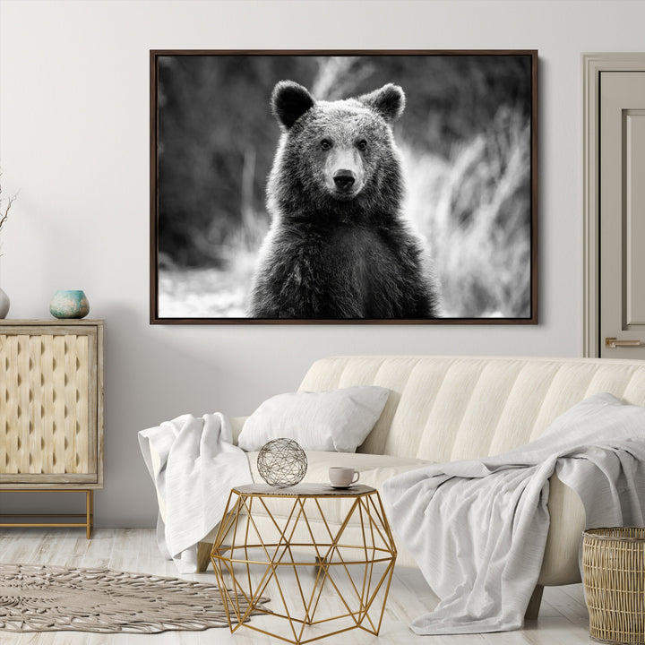 Grizzly Bear Wall Art Canvas Print, Framed Black White Bear Art Picture Print, Wild Bear Perfect Rustic Wildlife Decor