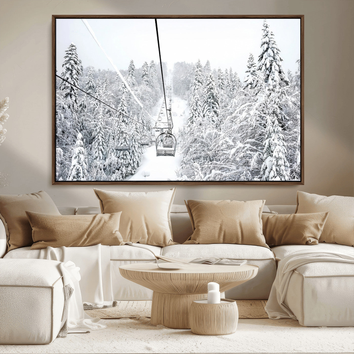 MGV-FC-36X24 - Snowy Mountains Wall Art Canvas Print, Framed Ski Lift Art Picture Print, Winter Forest Perfect