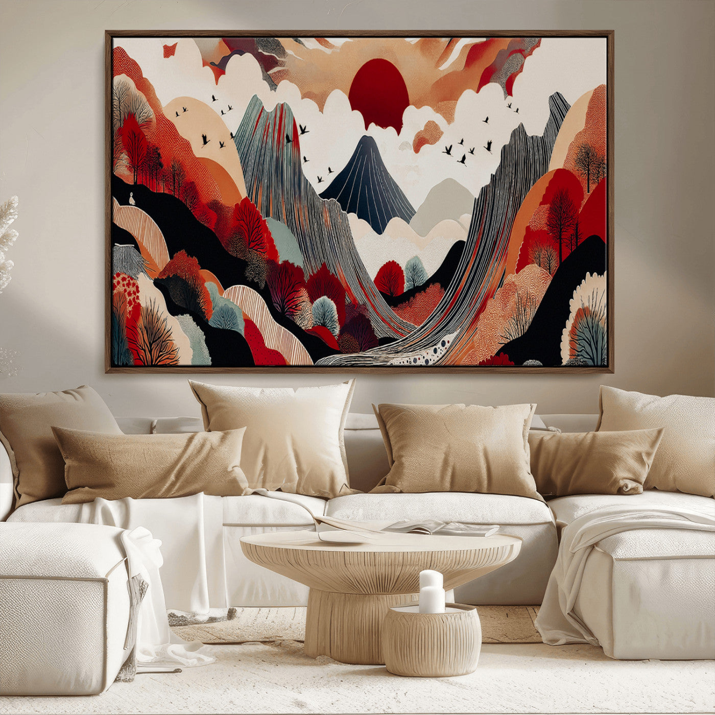 MGV-FC-36X24 - Abstract Mountain Wall Art Canvas Print, Framed Vibrant Landscape Art Picture Print, Stylized Nature Drawing Perfect Contemporary Minimalist Decor Artwork