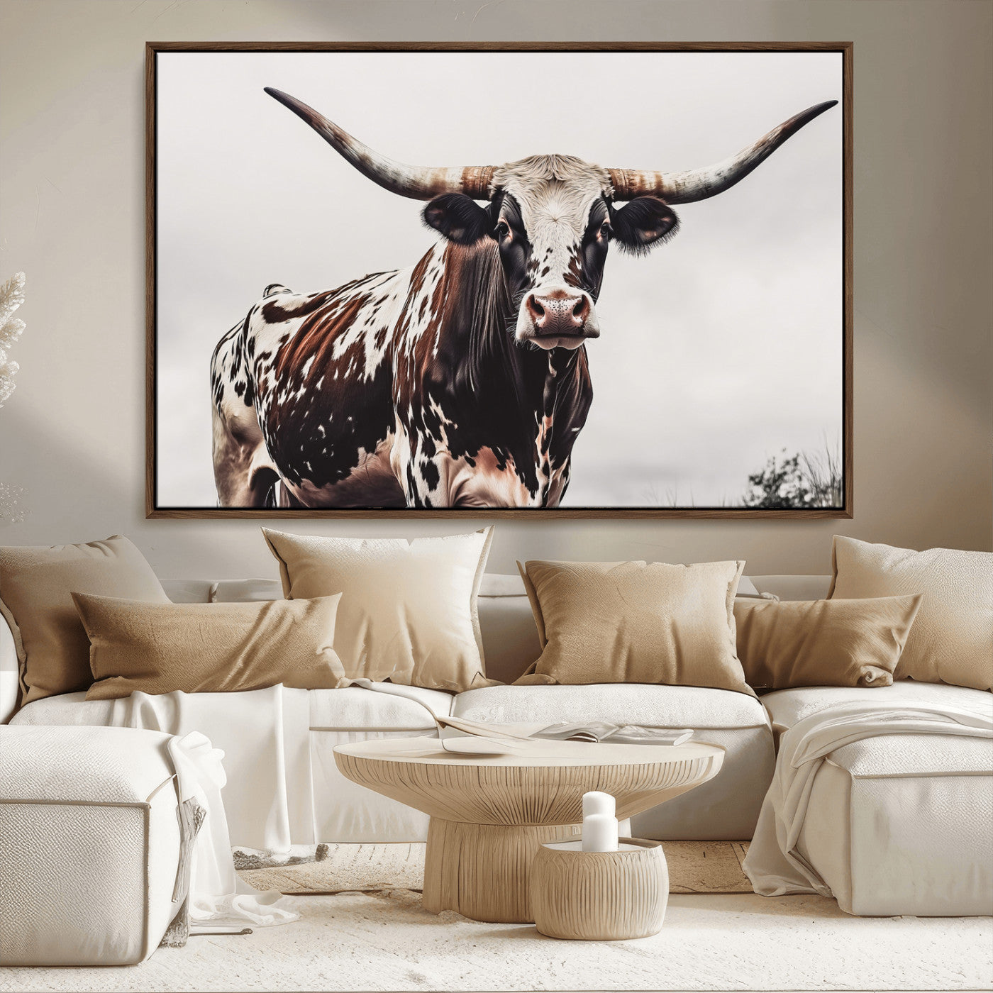 MGV-FC-36X24 - Texas Longhorn Wall Art Canvas Print, Framed Spotted Bull Art Picture Print, Horned Cattle Perfect Rustic Farmhouse Decor Artwork